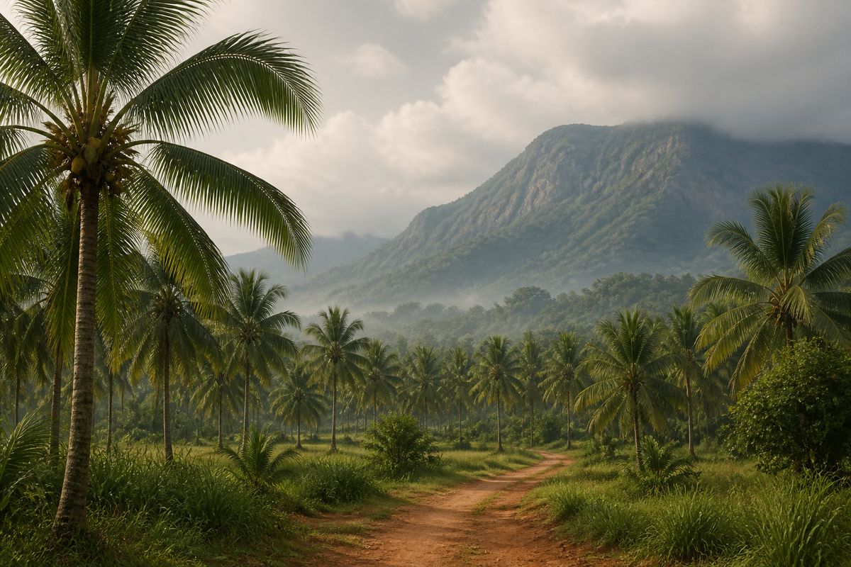 Coconut groves and a red laterite path beneath the misted Anaimalai hills