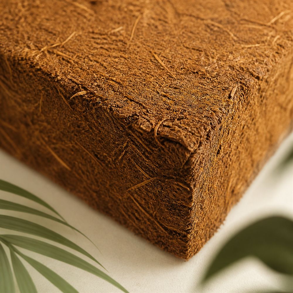Close-up of a compressed coir pith block showing golden fibre texture
