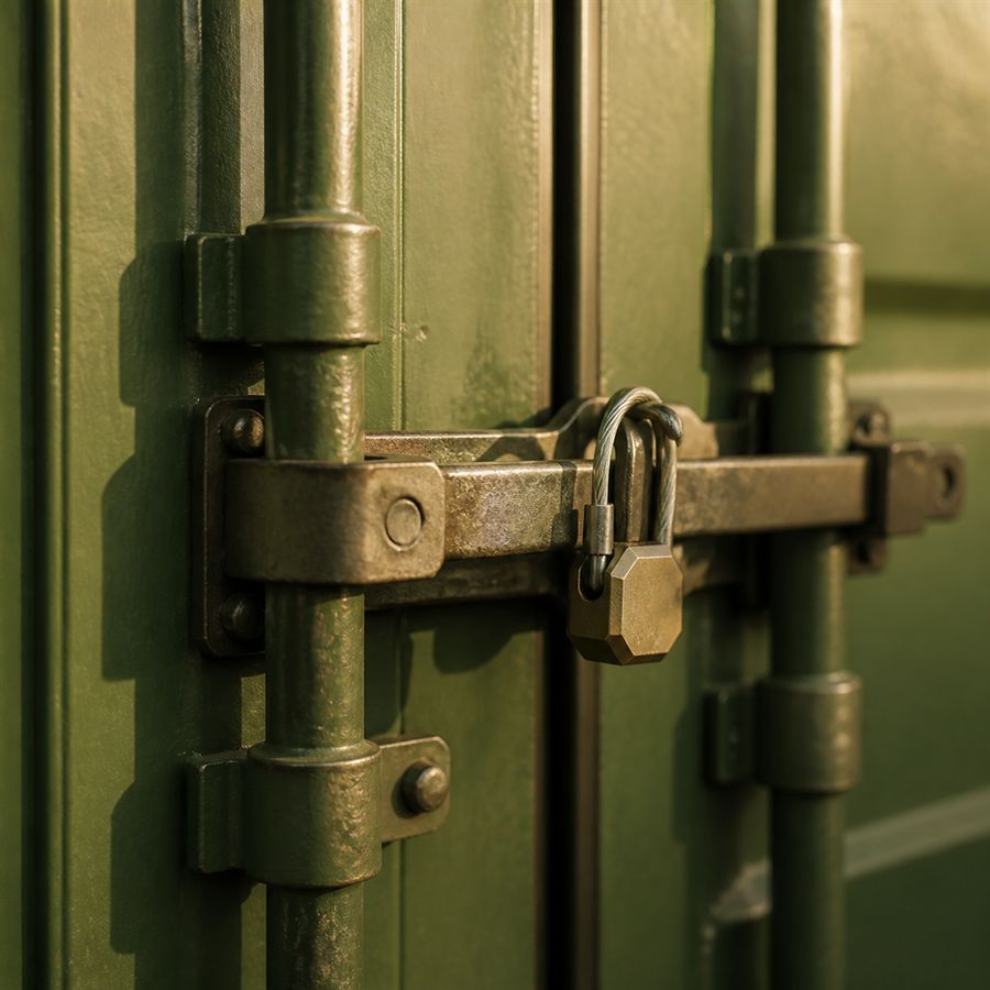 A numbered bolt seal on closed container doors