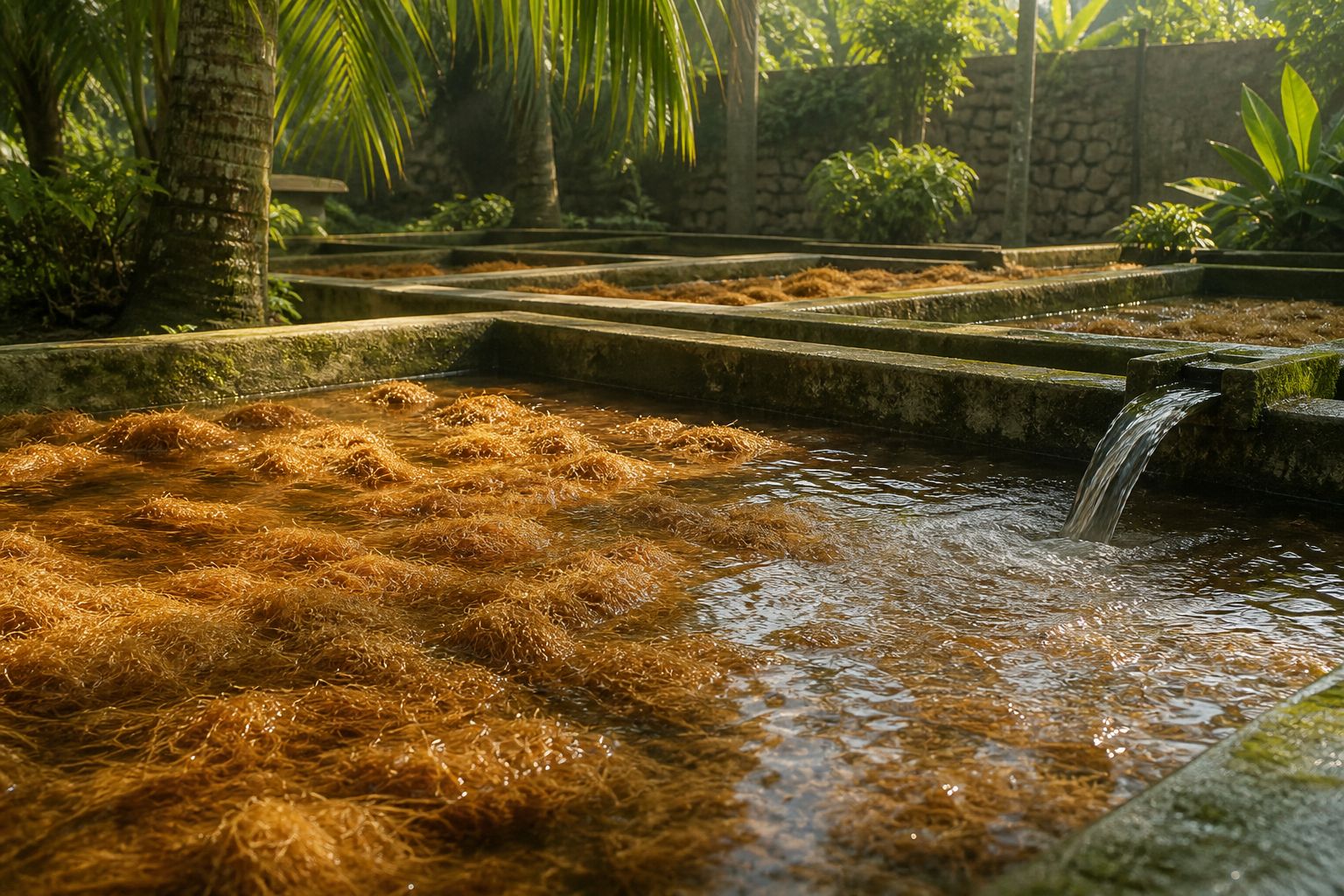 Washing tanks of golden coir pith under morning light