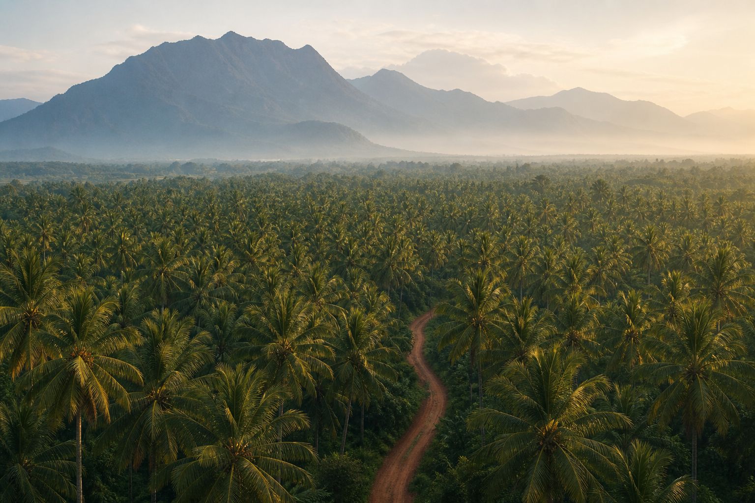 The coconut canopy stretching to the misted Anaimalai wall at morning