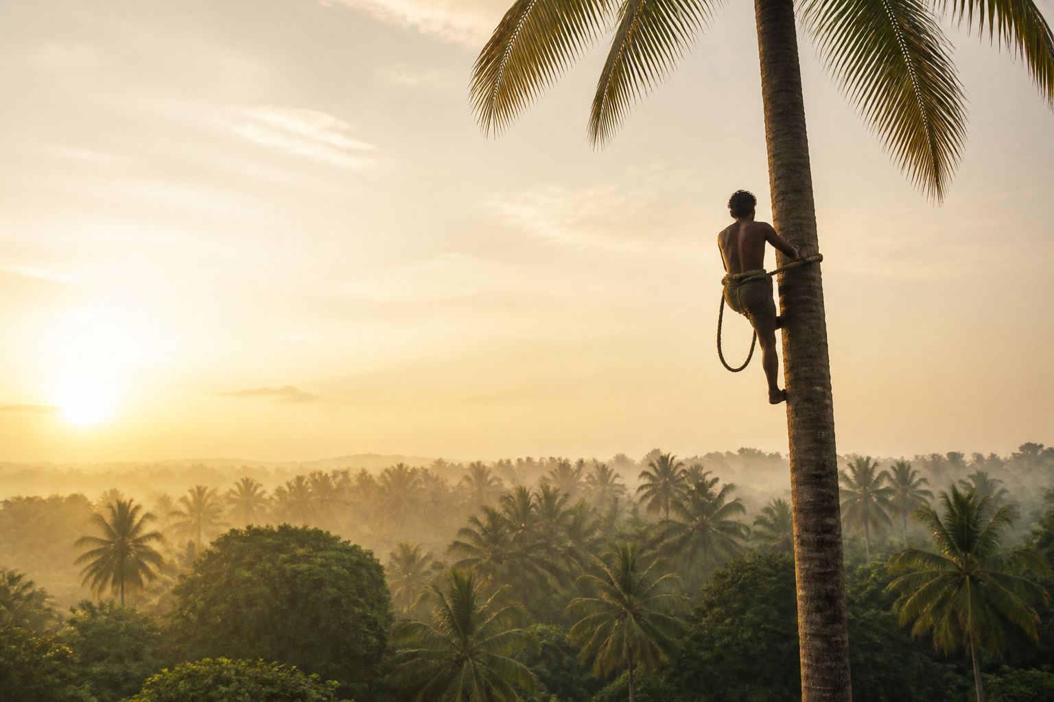 A climber high on a coconut palm against the dawn sky