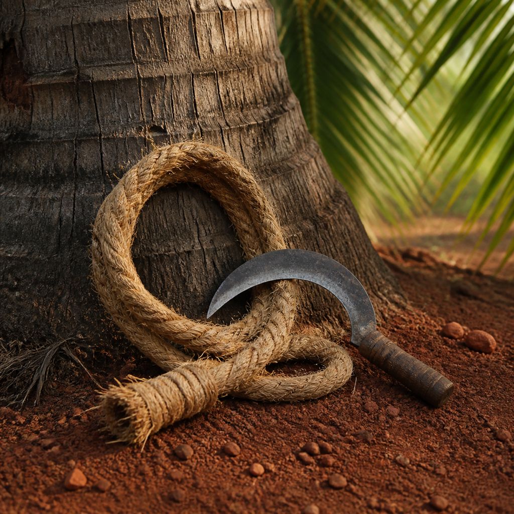 A woven fibre climbing loop and a harvesting sickle at the base of a palm