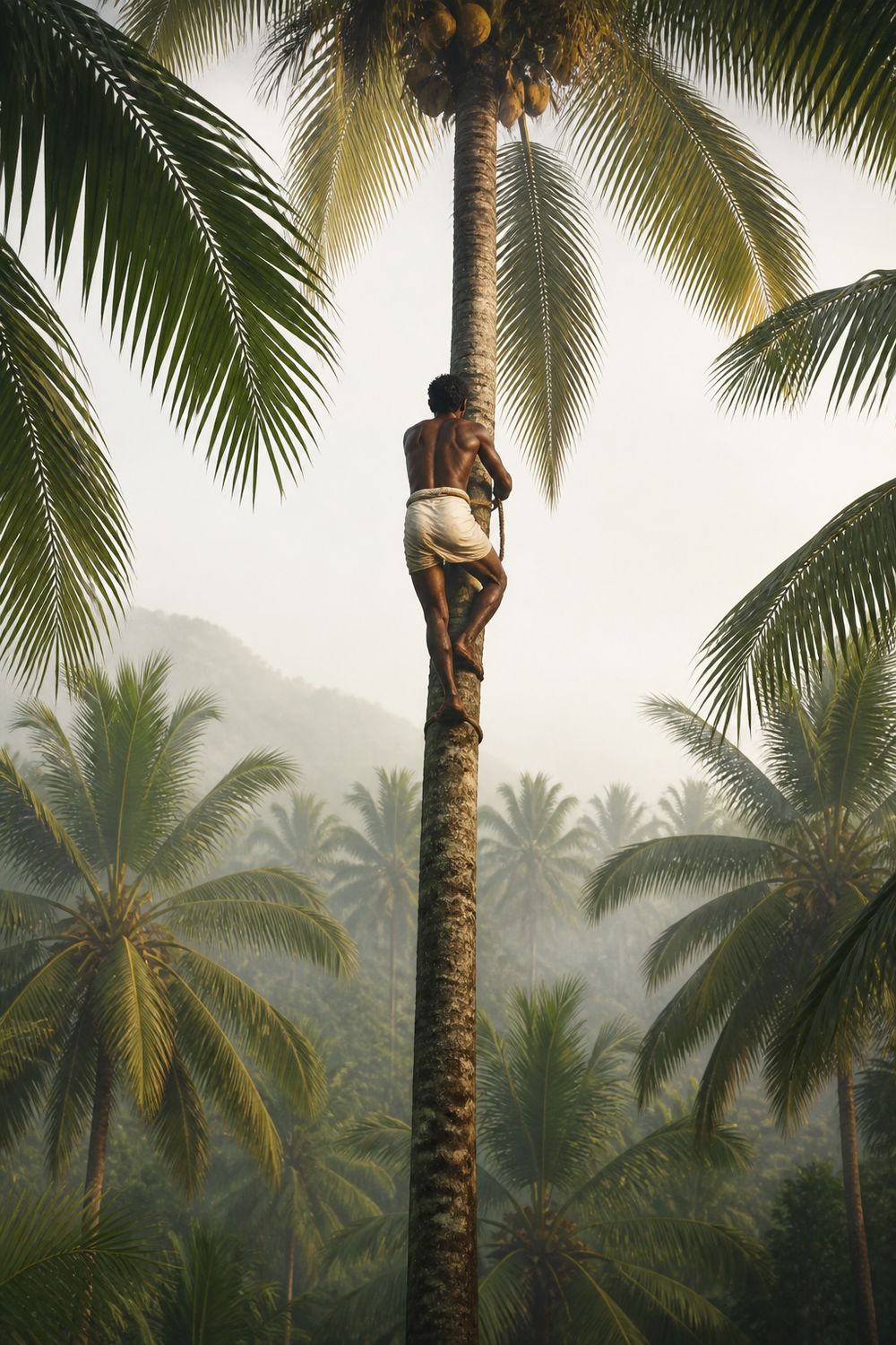 A climber ascending a tall coconut palm above the morning grove