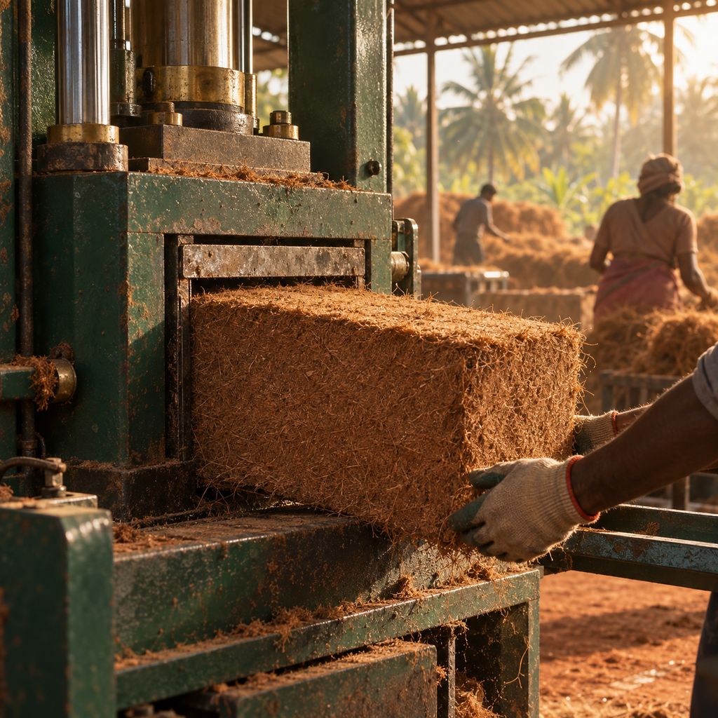 A hydraulic press forming a compressed coir pith block, gloved hands at the mould