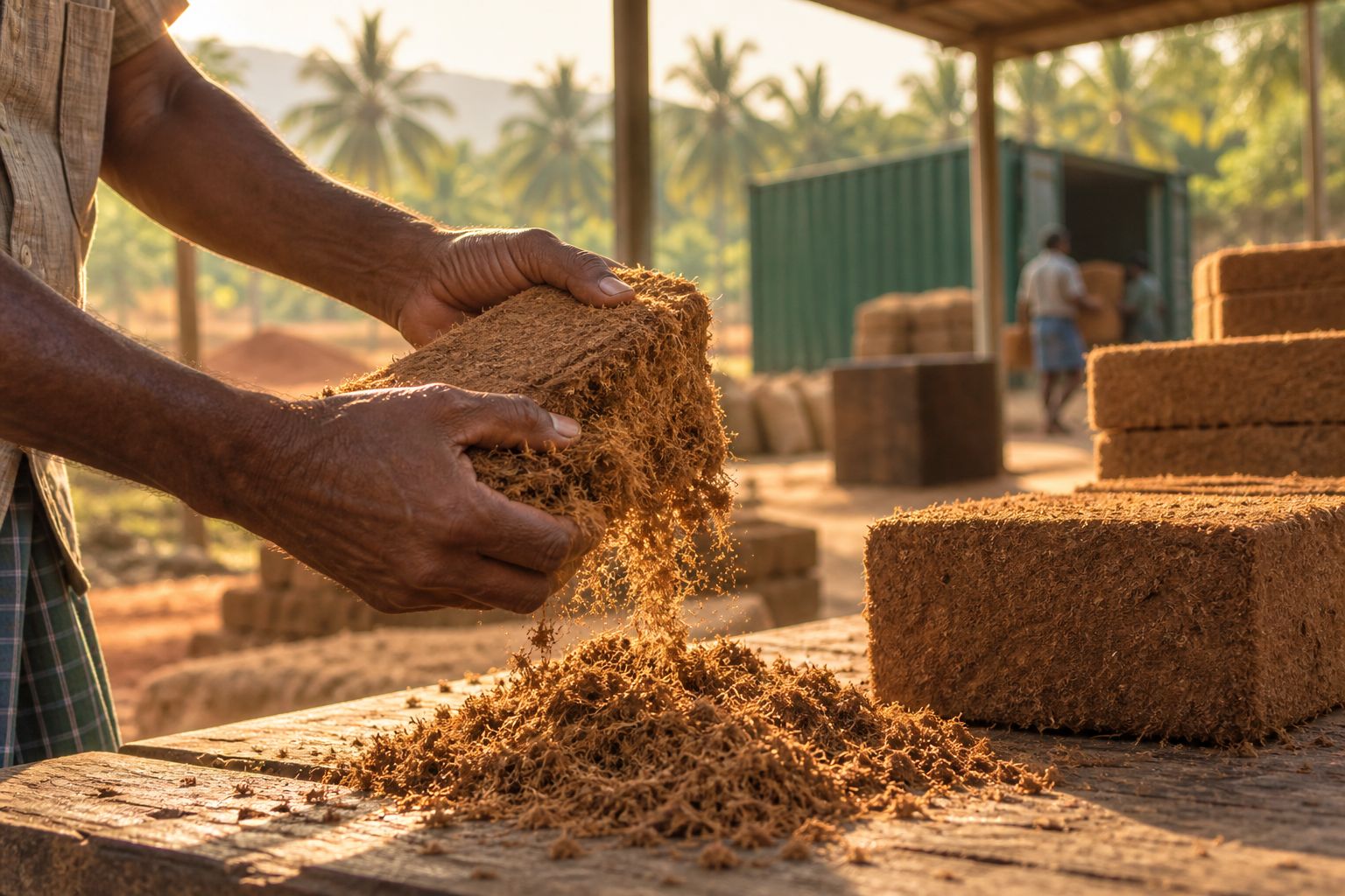 A buyer's hands breaking open a cocopeat block to check its fibre and moisture