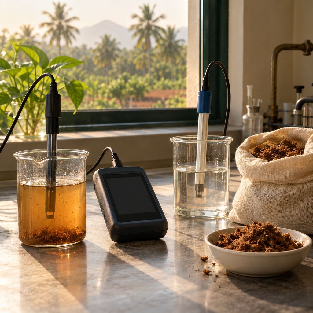 An EC and pH test on an amber coir pith extract, the meter screen blank