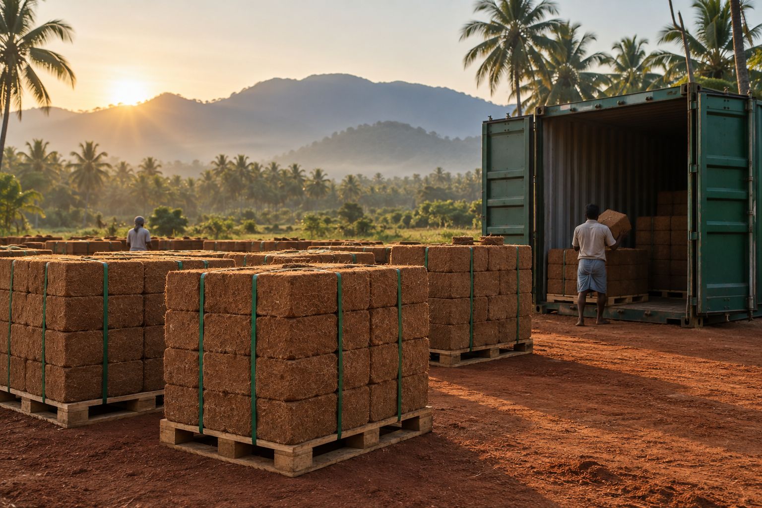 Pallets of compressed cocopeat blocks beside an open green container at sunrise