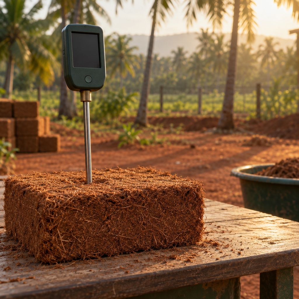 A moisture meter probe pushed into a cocopeat block on a yard table