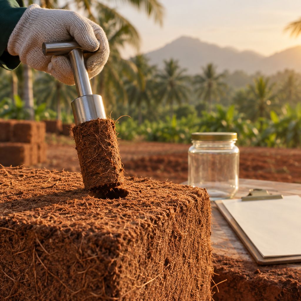 A gloved hand drawing a core sample from a cocopeat block with a steel probe