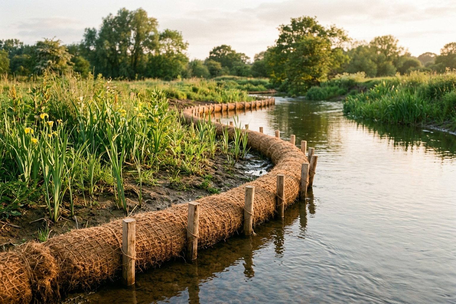 Dense coir logs staked along a riverbank in morning light with young wetland reeds