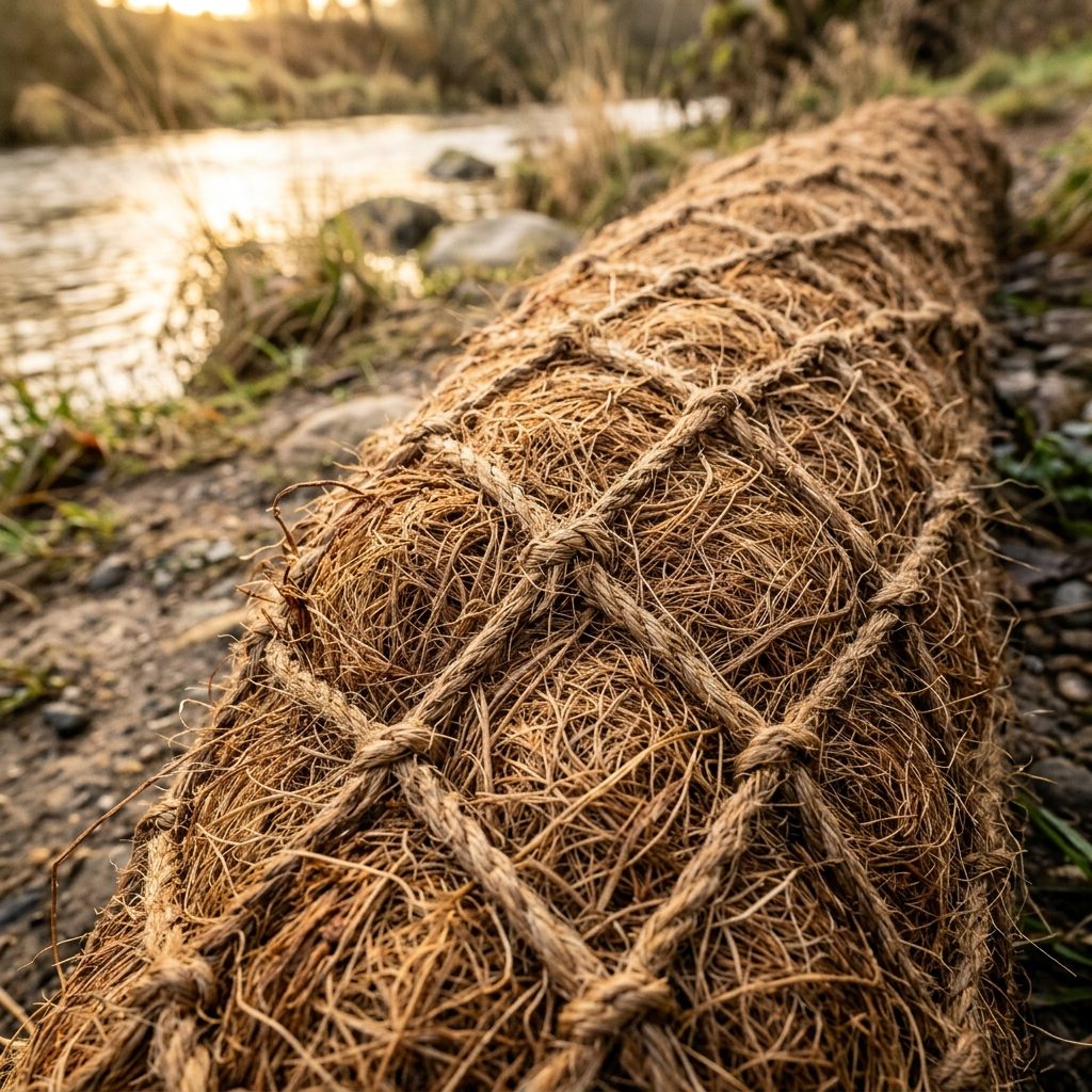 Close-up of dense coir fibre packed tightly into knotted coir twine netting
