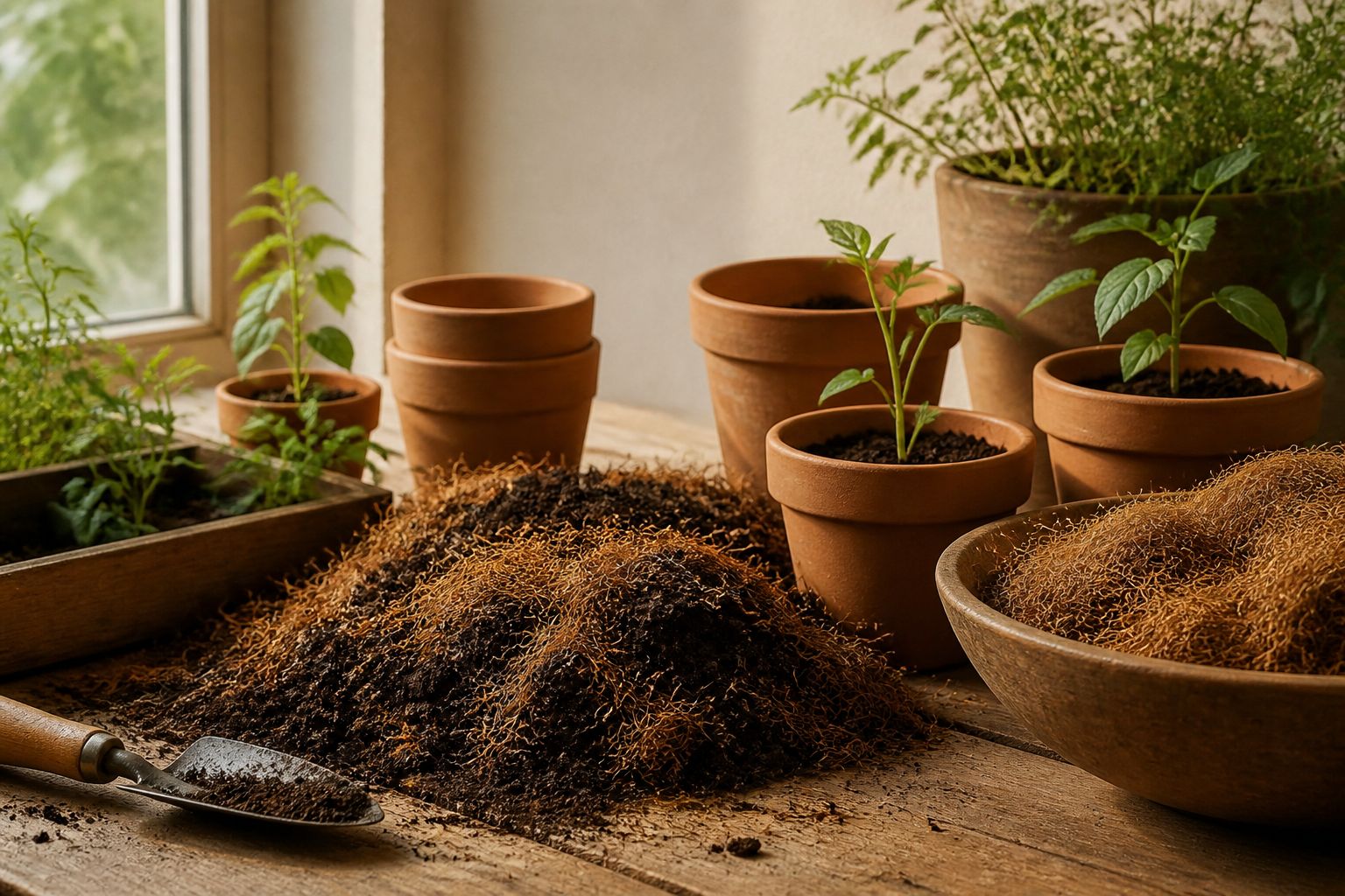 Peat-free compost blended with coir fibre on a potting bench with terracotta pots