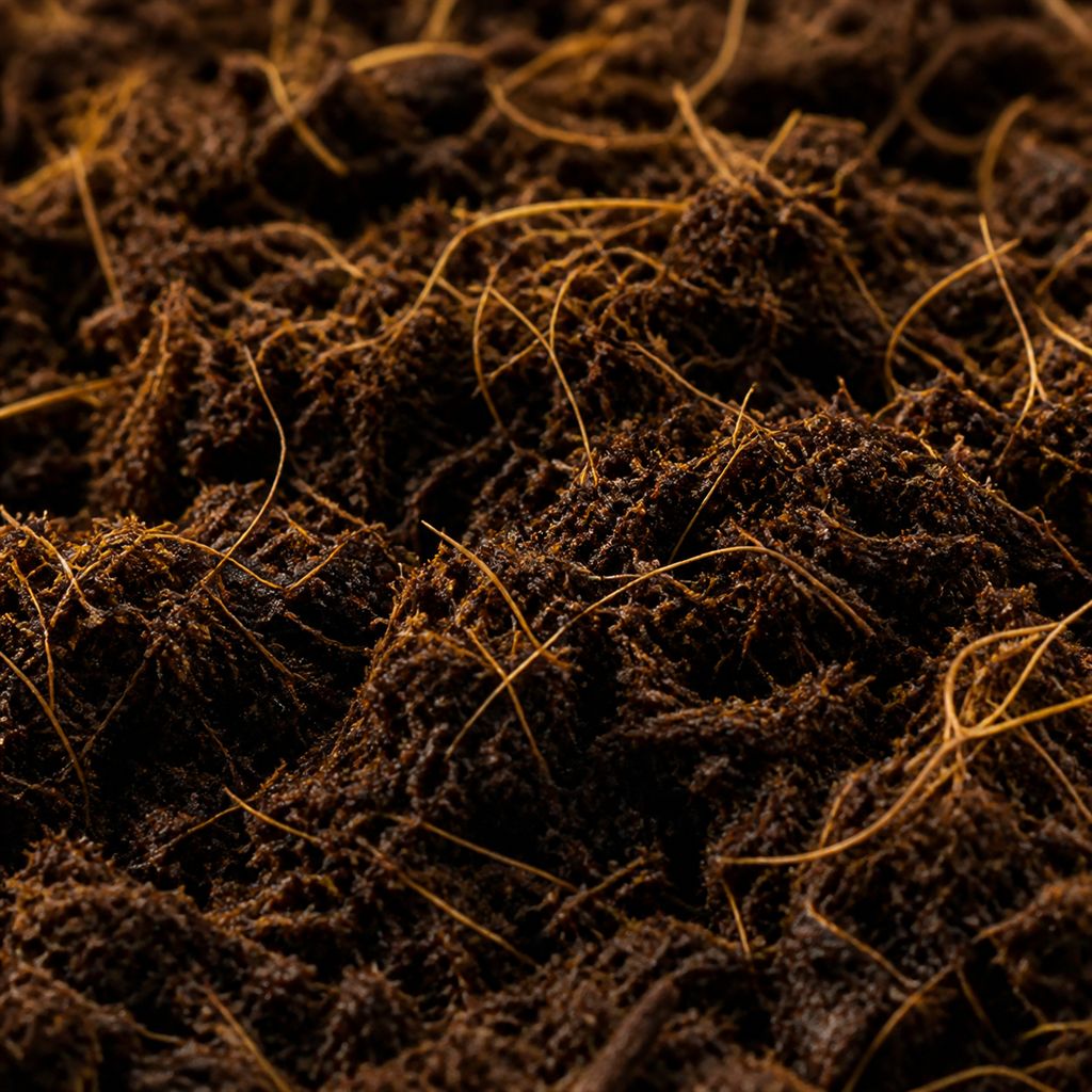 Dark peat-free compost blended with strands of golden coir fibre