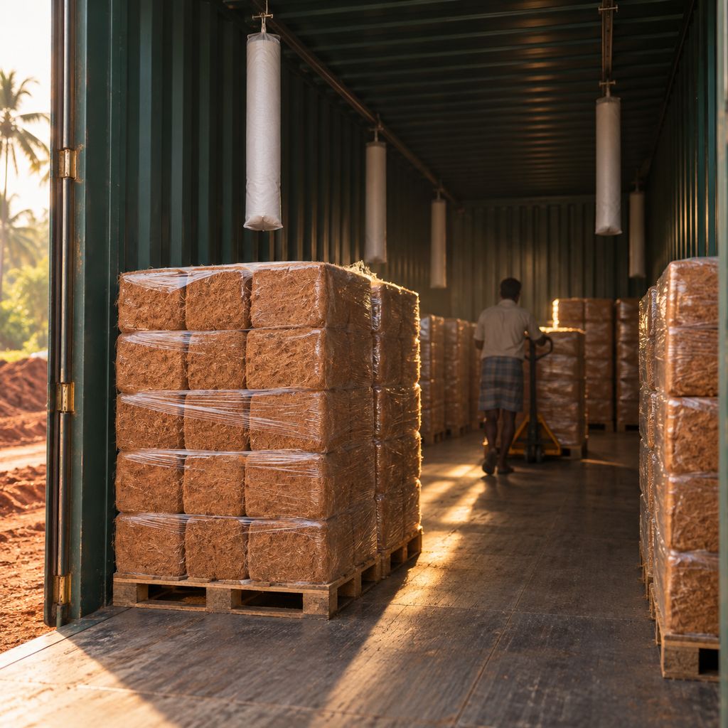 Desiccant poles hanging between wrapped pallets inside a shipping container