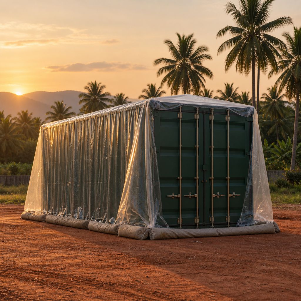 A closed shipping container under a clear gas-proof sheet in a quiet yard at dusk