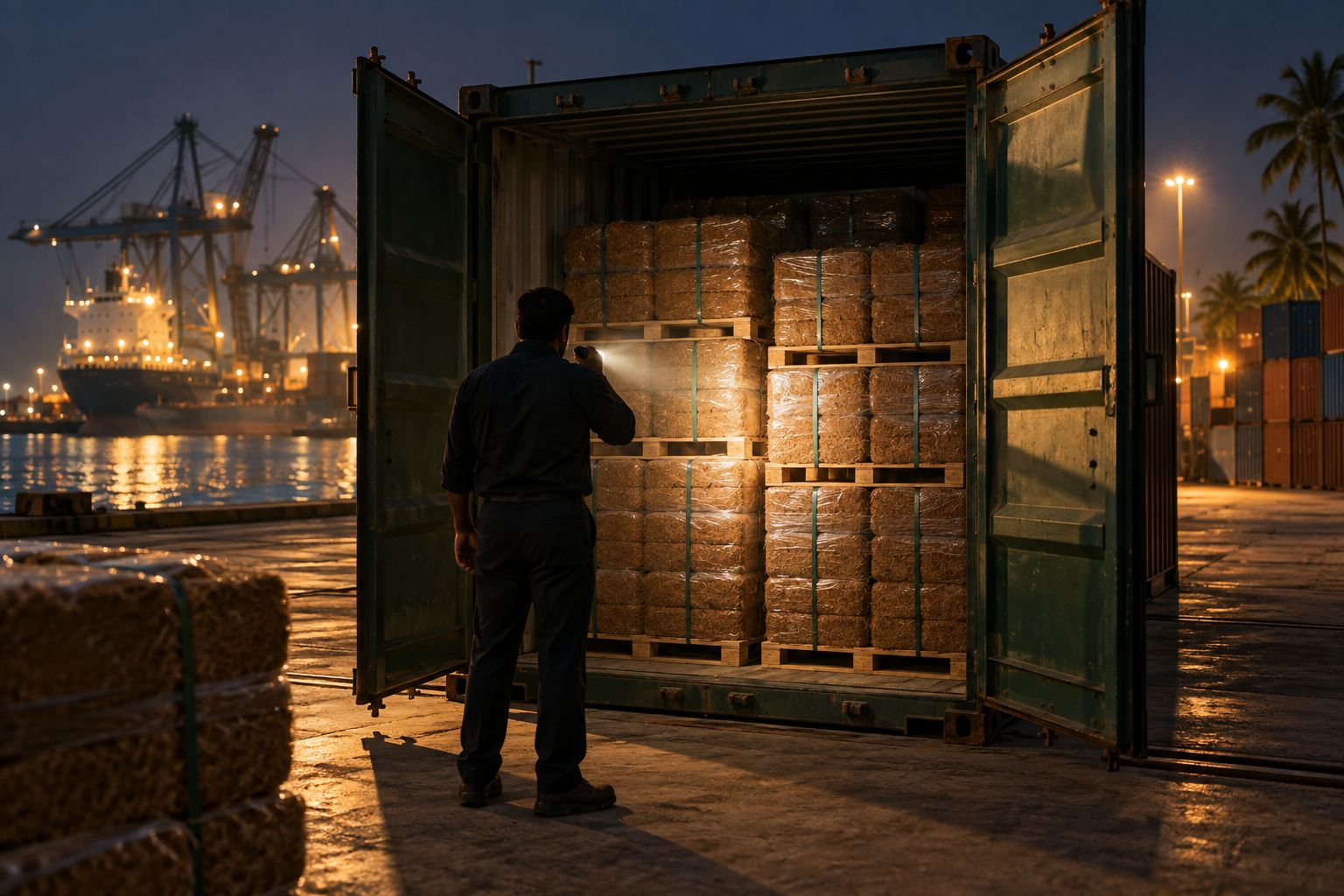 Torchlight on coir pallets inside an opened shipping container at a port at night