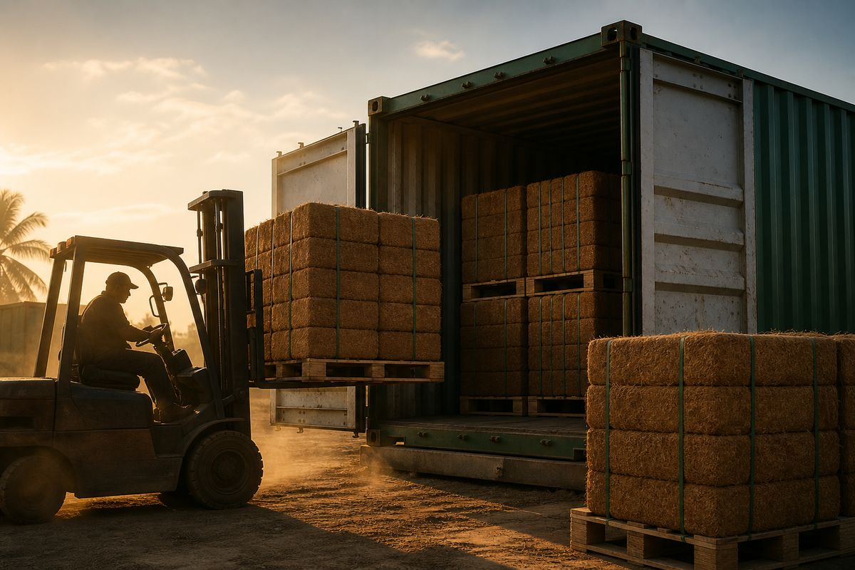 Palletized coir blocks being loaded into a shipping container at golden hour