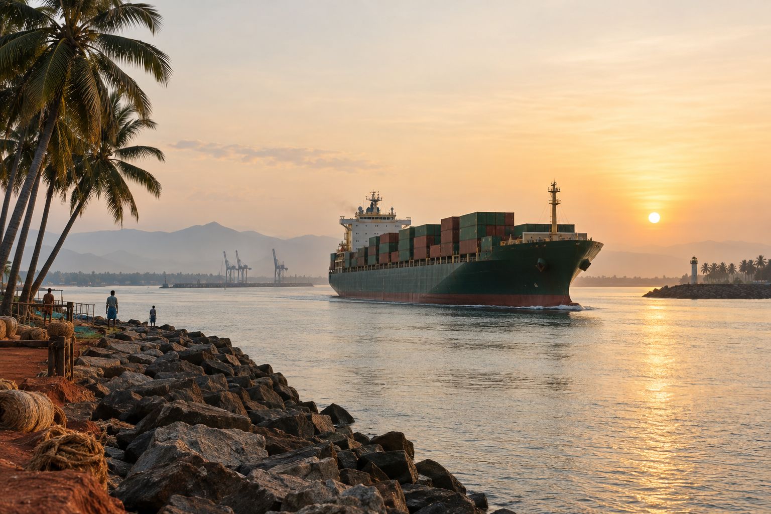 A container ship leaving an Indian harbour at dawn past palms on the breakwater
