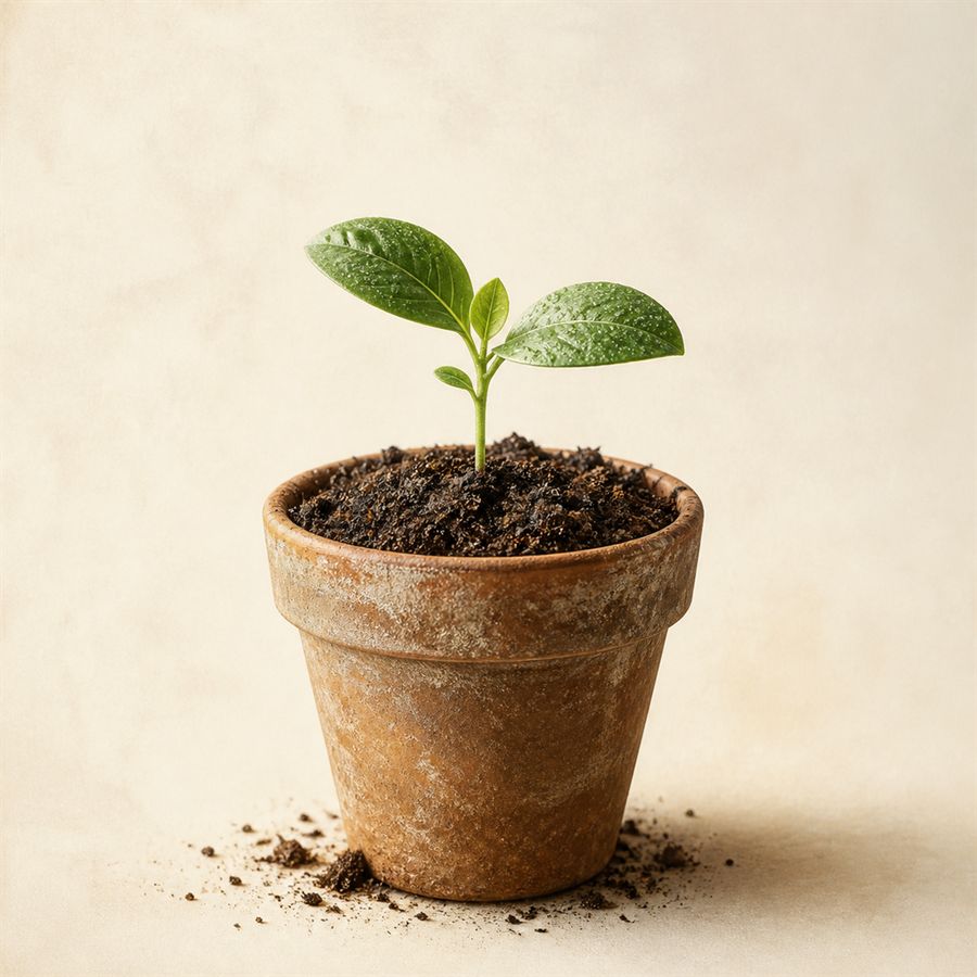 Seedling rising from peat-free compost in a terracotta pot