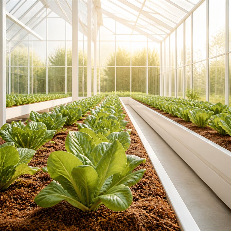 Rows of young lettuce in an airy greenhouse