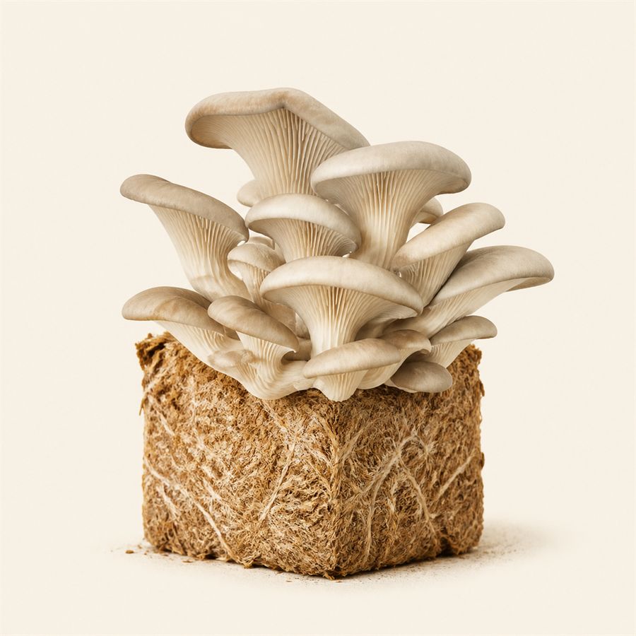 Oyster mushrooms growing from a coir substrate block