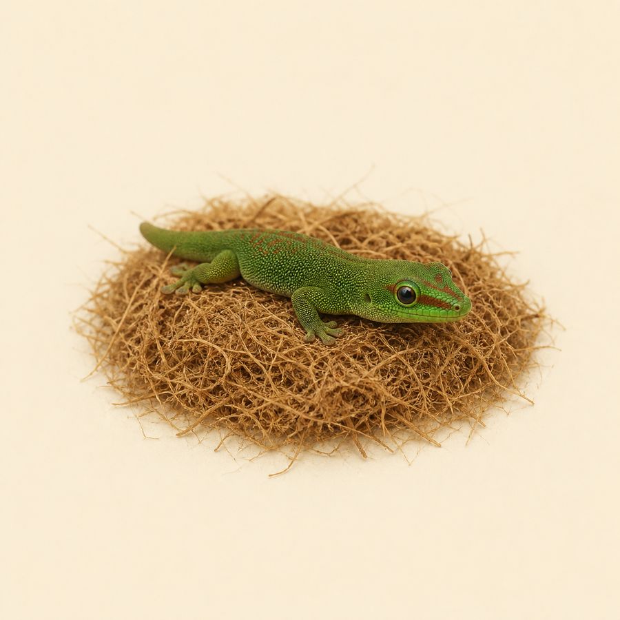 Green gecko resting on fine coir bedding