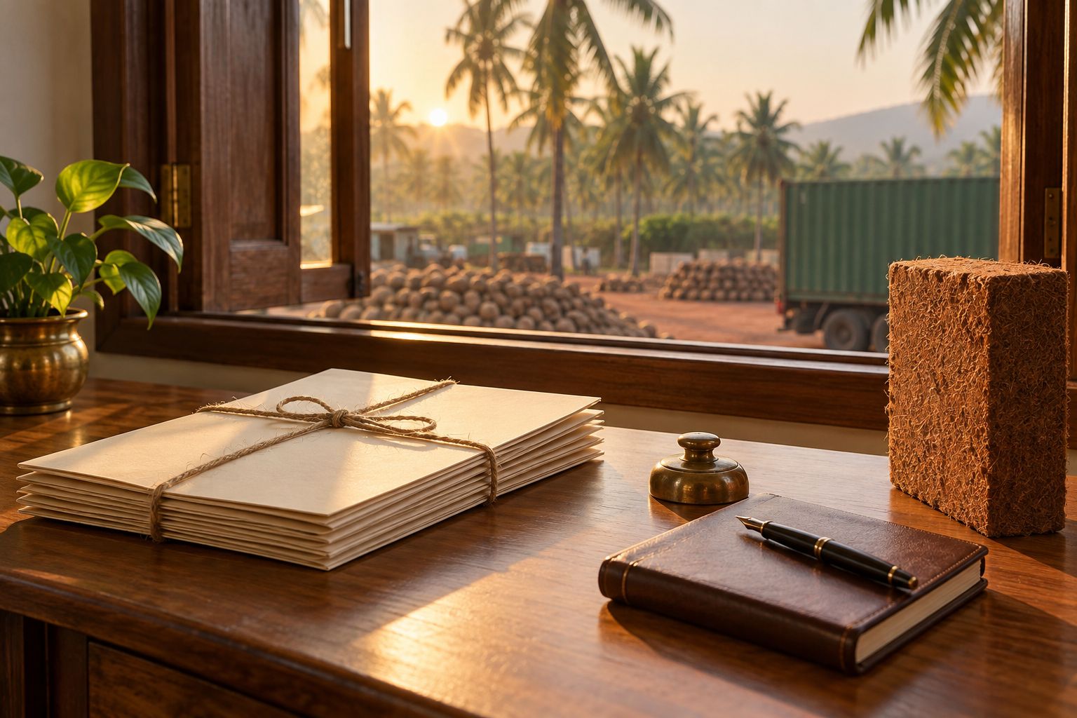 Blank export papers, a fountain pen and a cocopeat block on a teak desk by a window