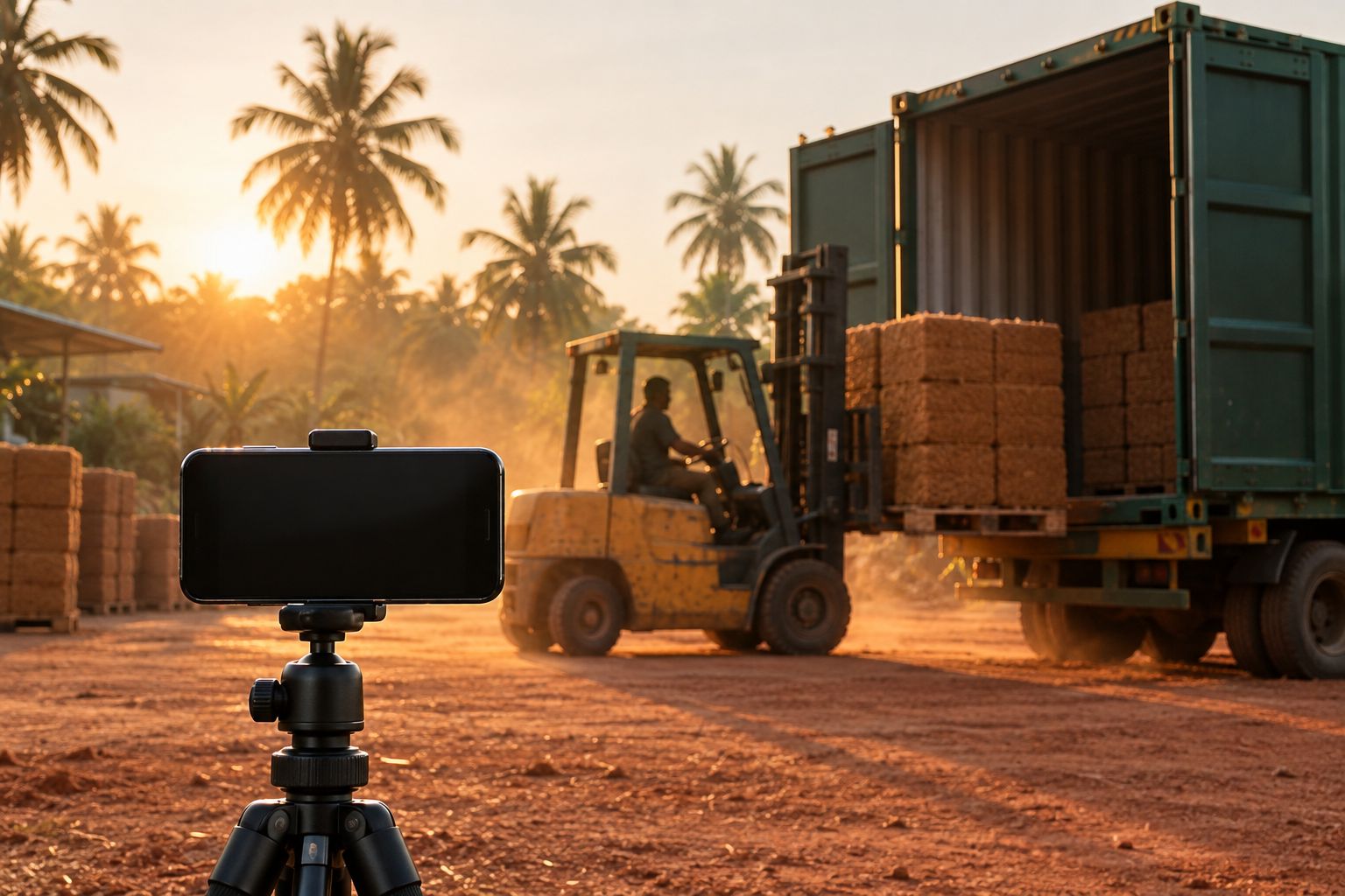 A phone on a small tripod filming a forklift loading pallets into a green container