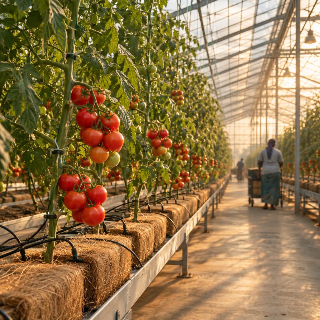 Tomato plants growing in coir slabs in a glasshouse, fed by drip lines
