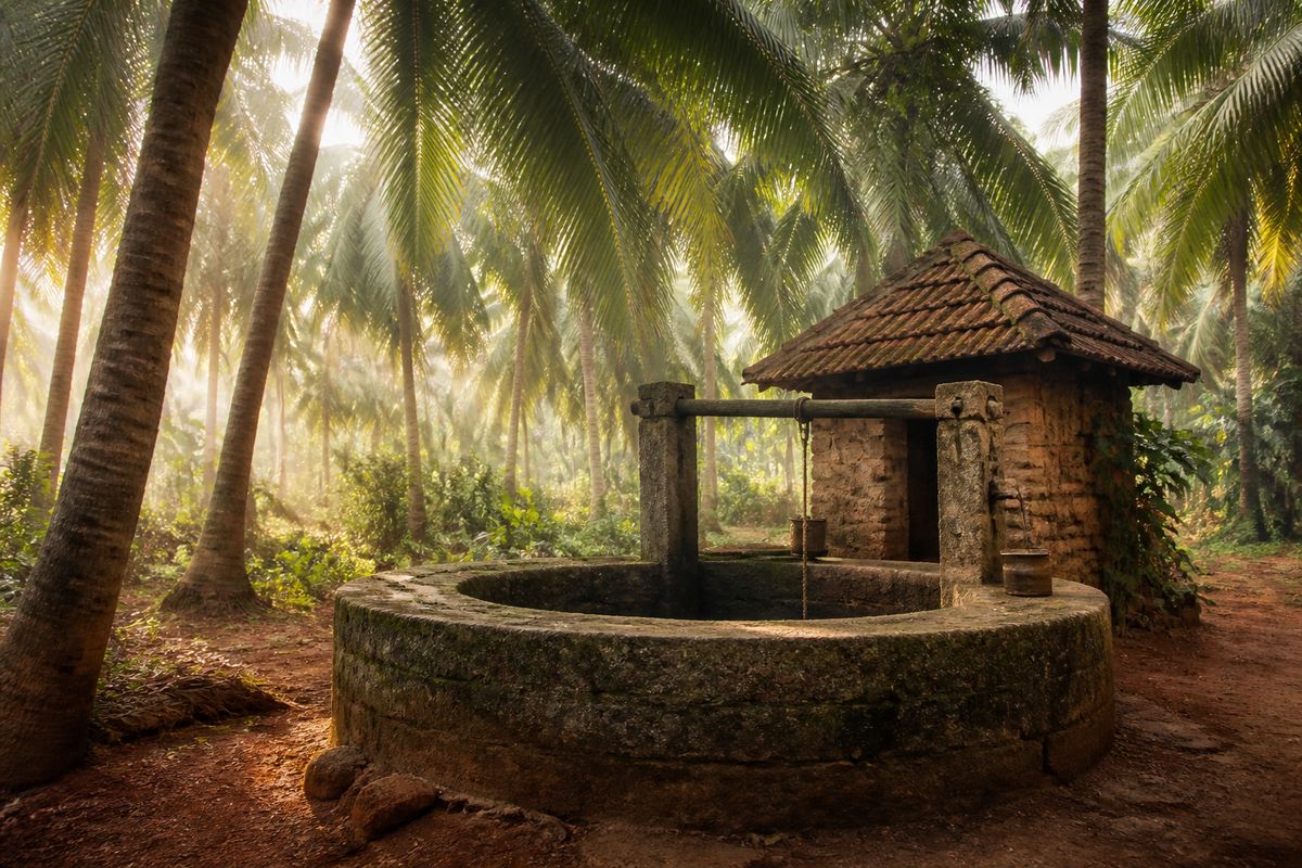 An old stone well and pump house amid the coconut grove