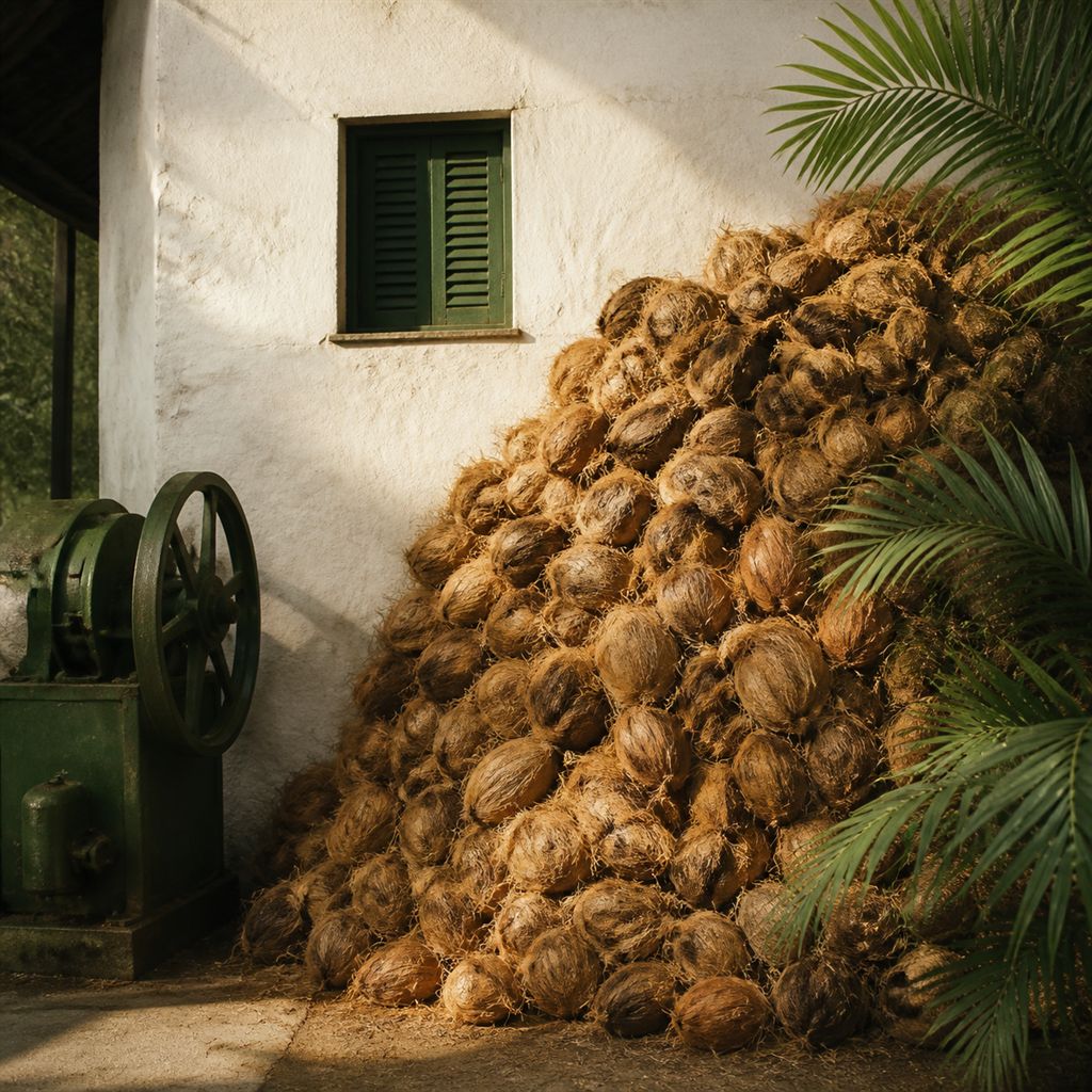 A heap of dried coconut husks beside a coir mill wall