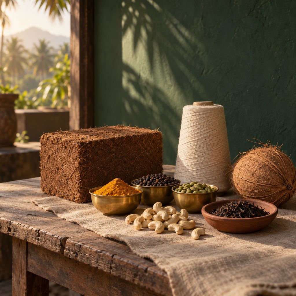 A cocopeat block, spices in brass bowls, a cotton yarn cone, cashews, tea and a coconut on linen