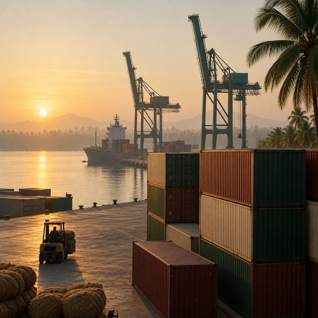 Container stacks and gantry cranes at an Indian port at dawn