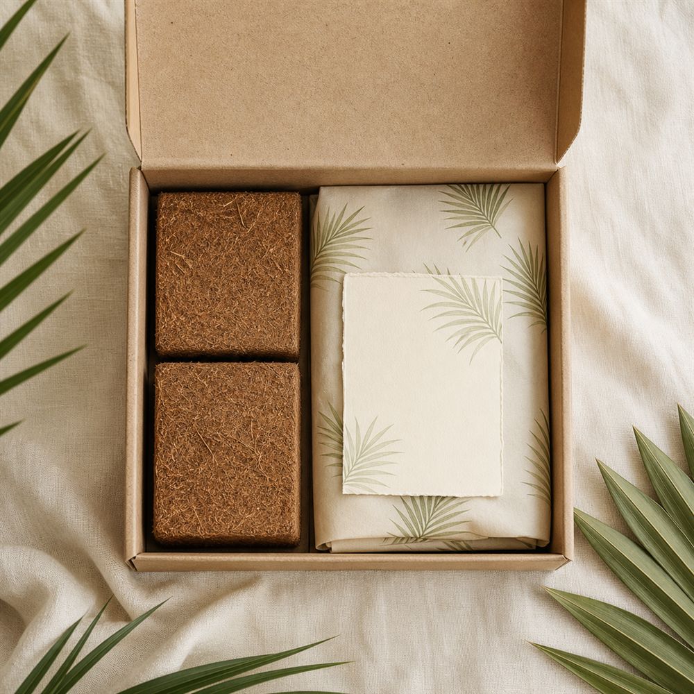 The Pollachi Coir sample kit: two cocopeat blocks and the lot's papers in a kraft box