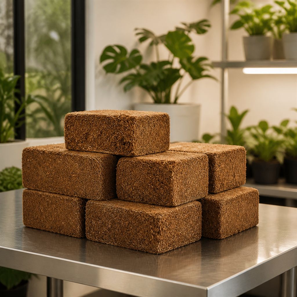 Compressed coir substrate blocks stacked in a clean grow room