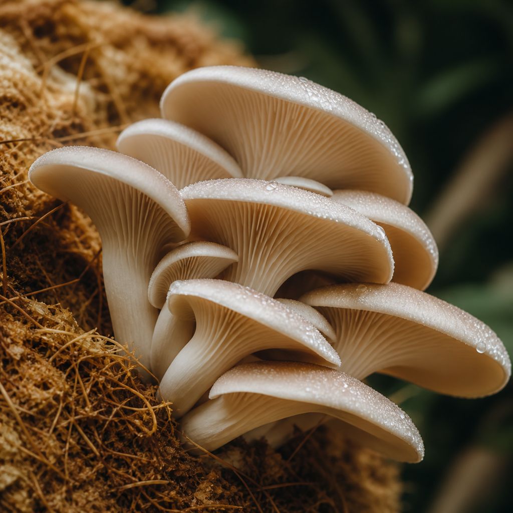 A dense flush of oyster mushrooms emerging from coir substrate