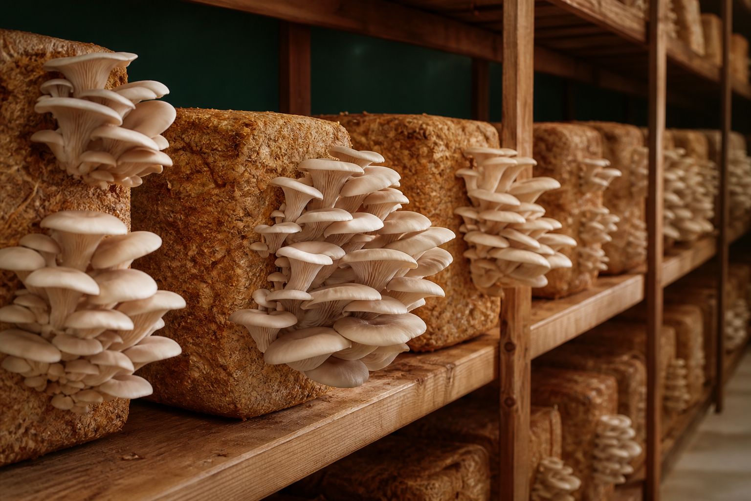Oyster mushrooms fruiting from coir substrate blocks on grow-room shelves