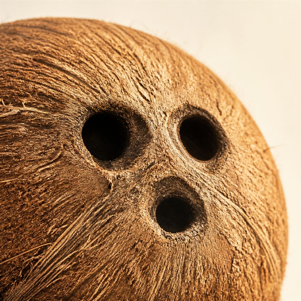 Macro close-up of the three germination pores on a husked coconut shell