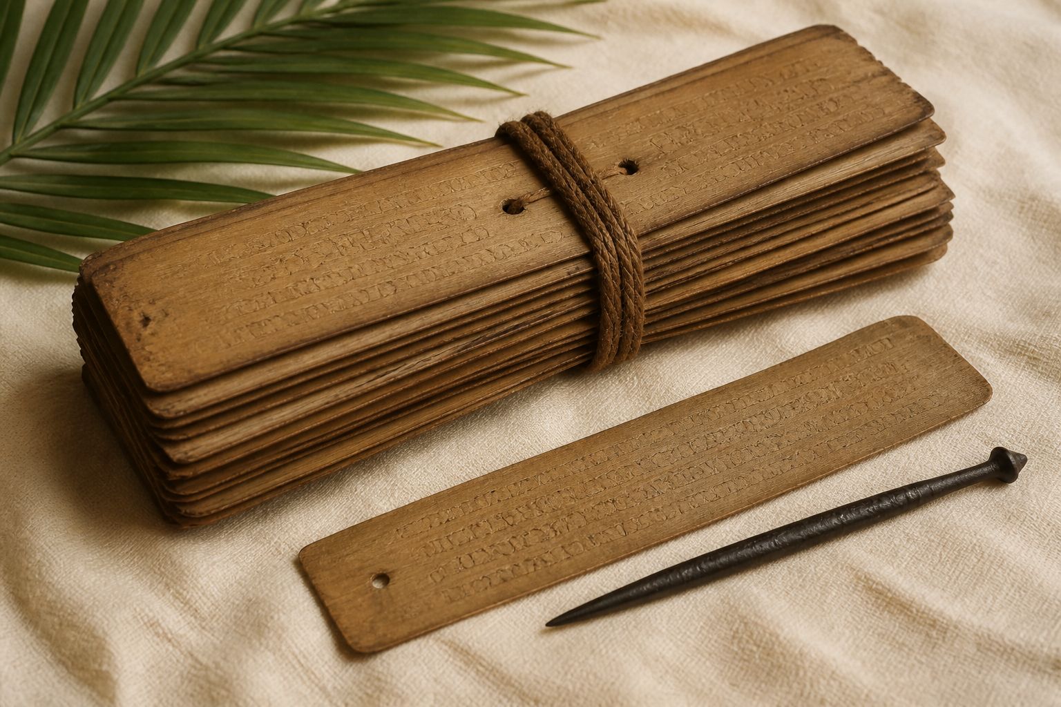 Palm-leaf manuscripts, a loose leaf and an iron stylus in raking light