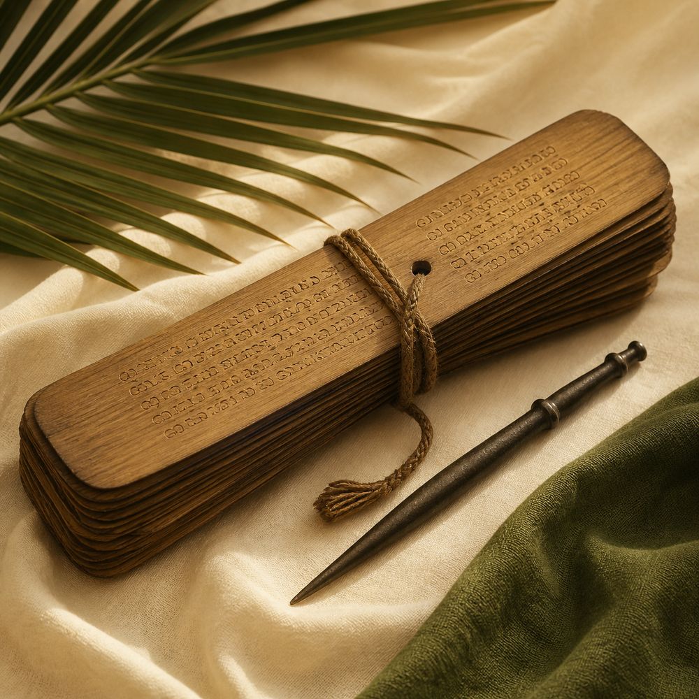 A bundle of palm-leaf manuscripts bound with cord beside an iron stylus