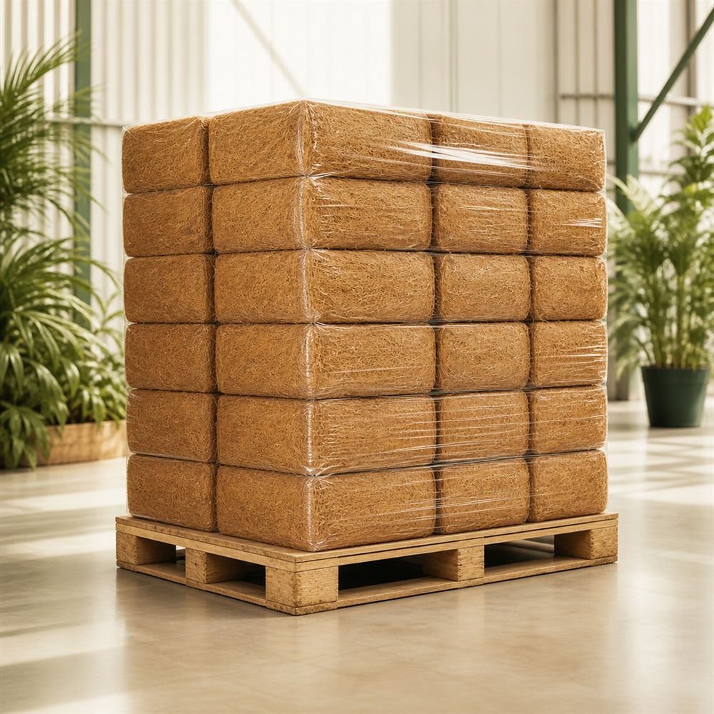 A palletized stack of compressed coir blocks in a bright warehouse