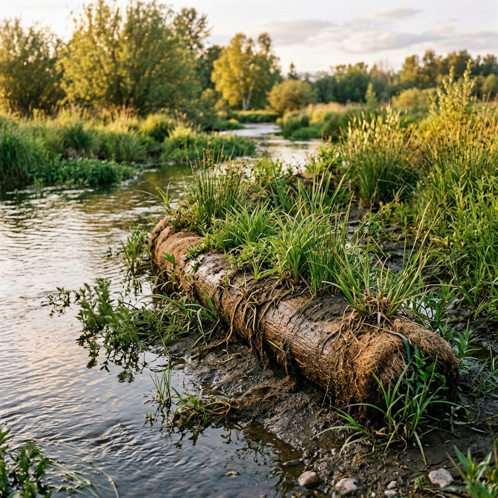 Native green wetland sedges and water reeds rooted through a weathered coir log at the water edge