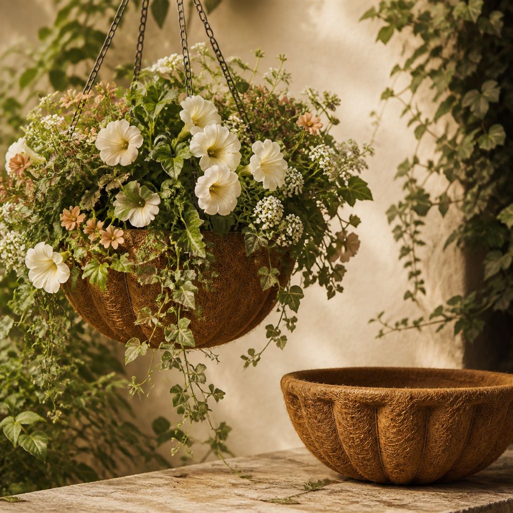 A hanging basket lined with moulded coir