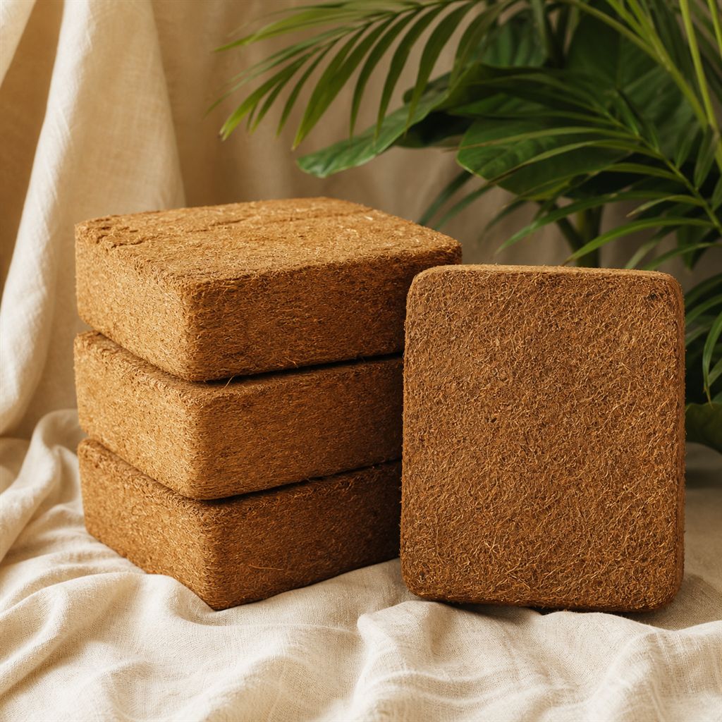 A stack of compressed cocopeat 5 kg blocks