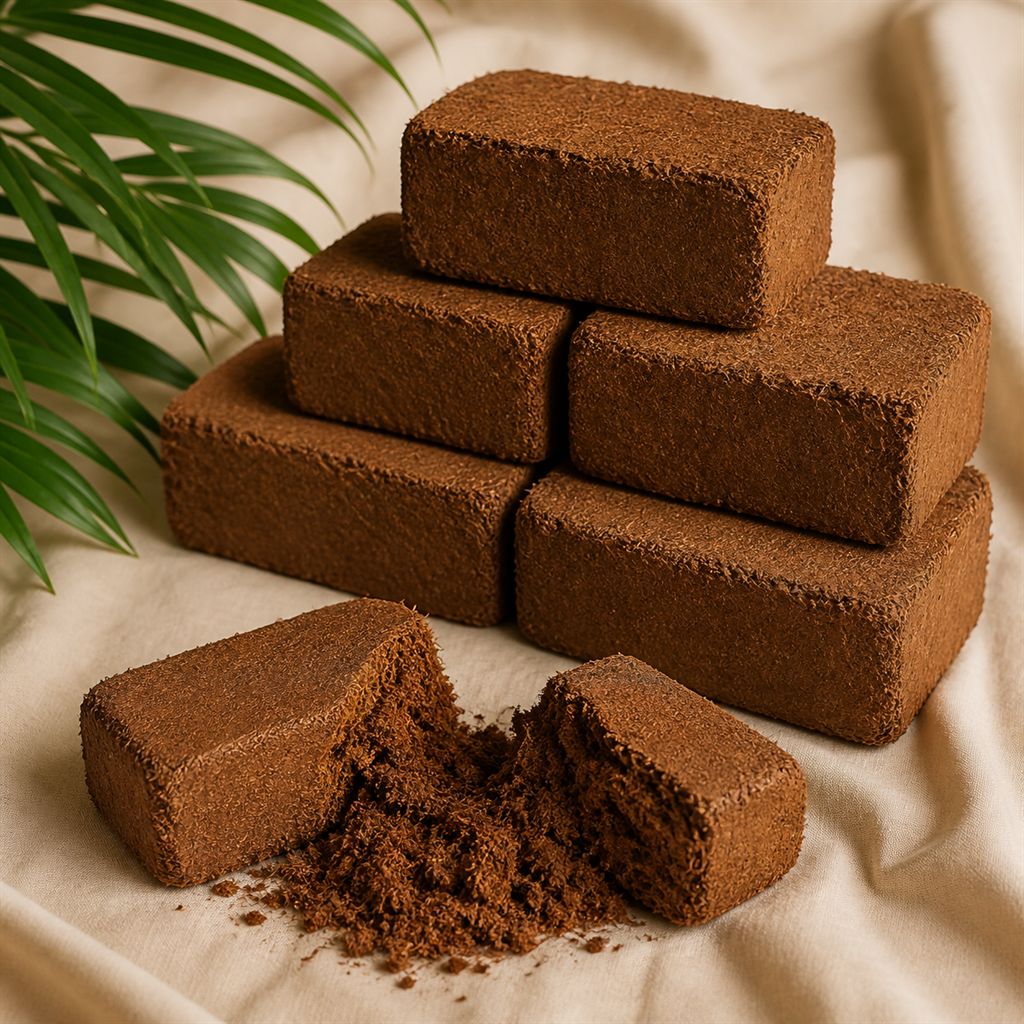 Cocopeat briquettes with one broken open