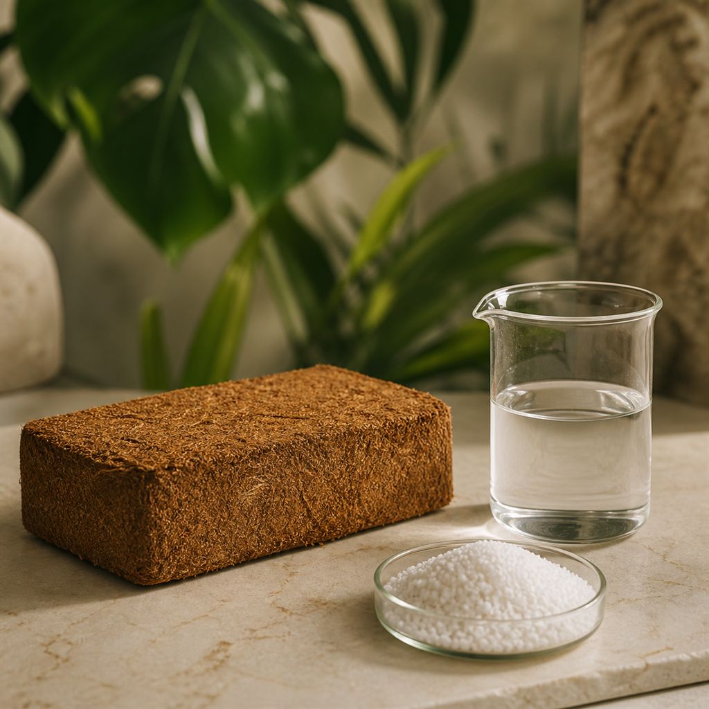 A buffered cocopeat block beside a beaker of water