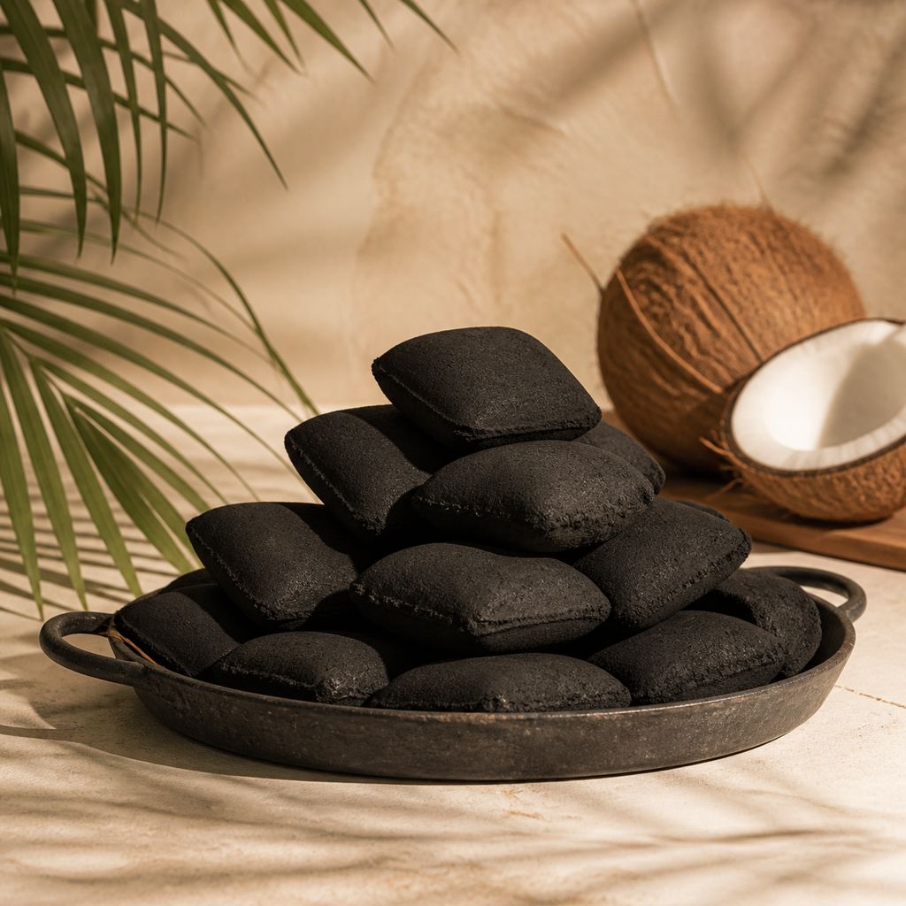 Coconut shell charcoal briquettes in an iron tray