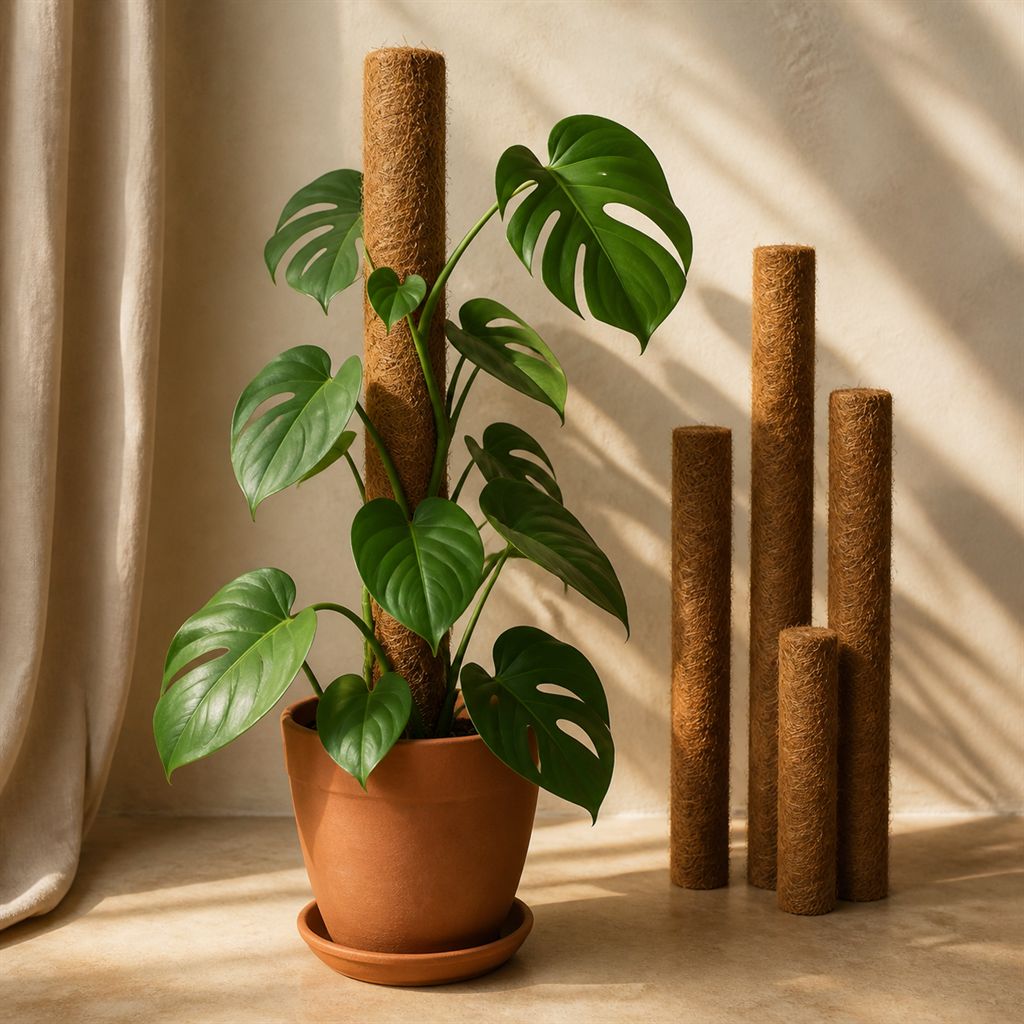 A monstera climbing a coir moss pole