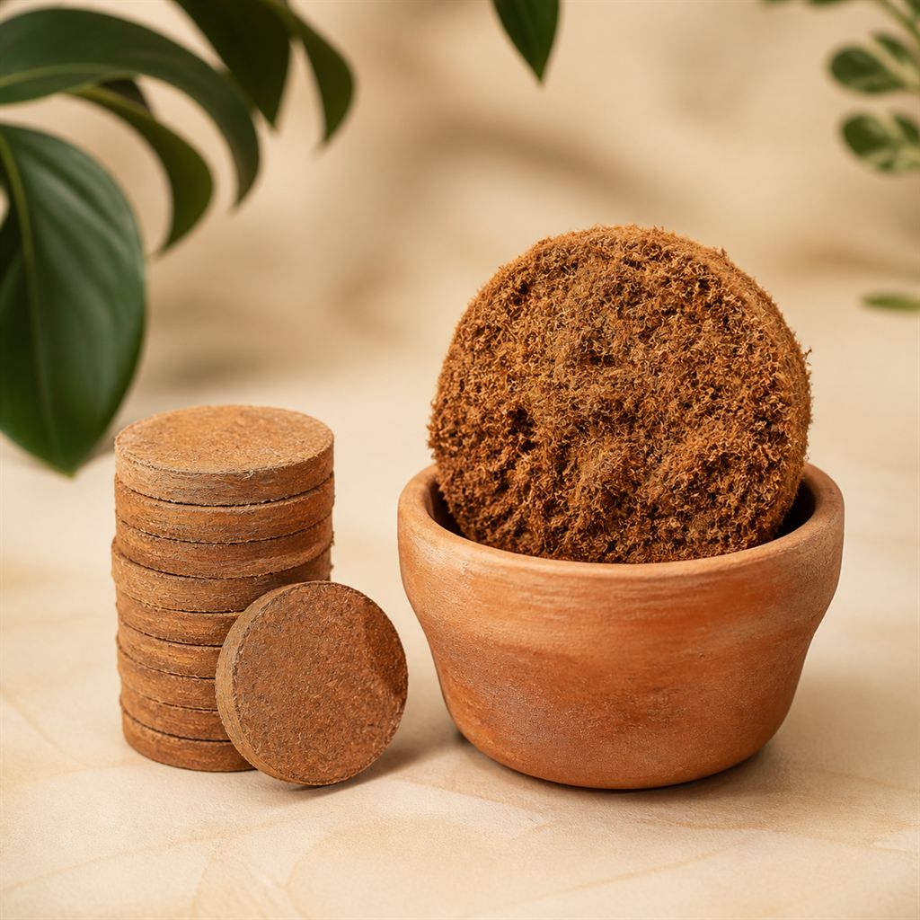Compressed coir discs beside one expanded in a pot